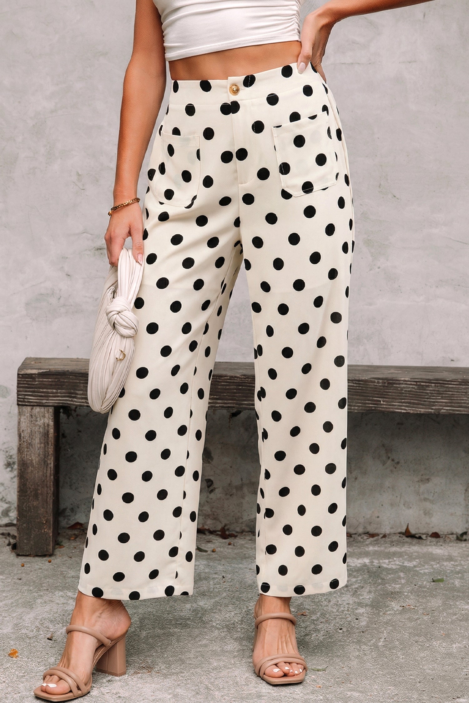 Sky Blue Polka Dot Print Patched Pocket Mid-rise Straight Leg Pants – Light Blue