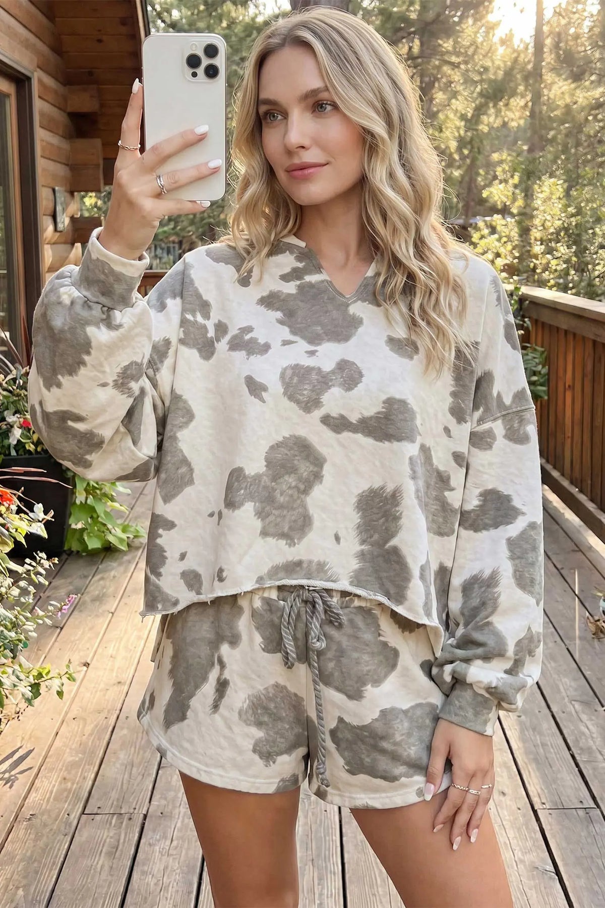 Western Print Raw Hem Long Sleeve Top Drawstring Shorts Set – Grey