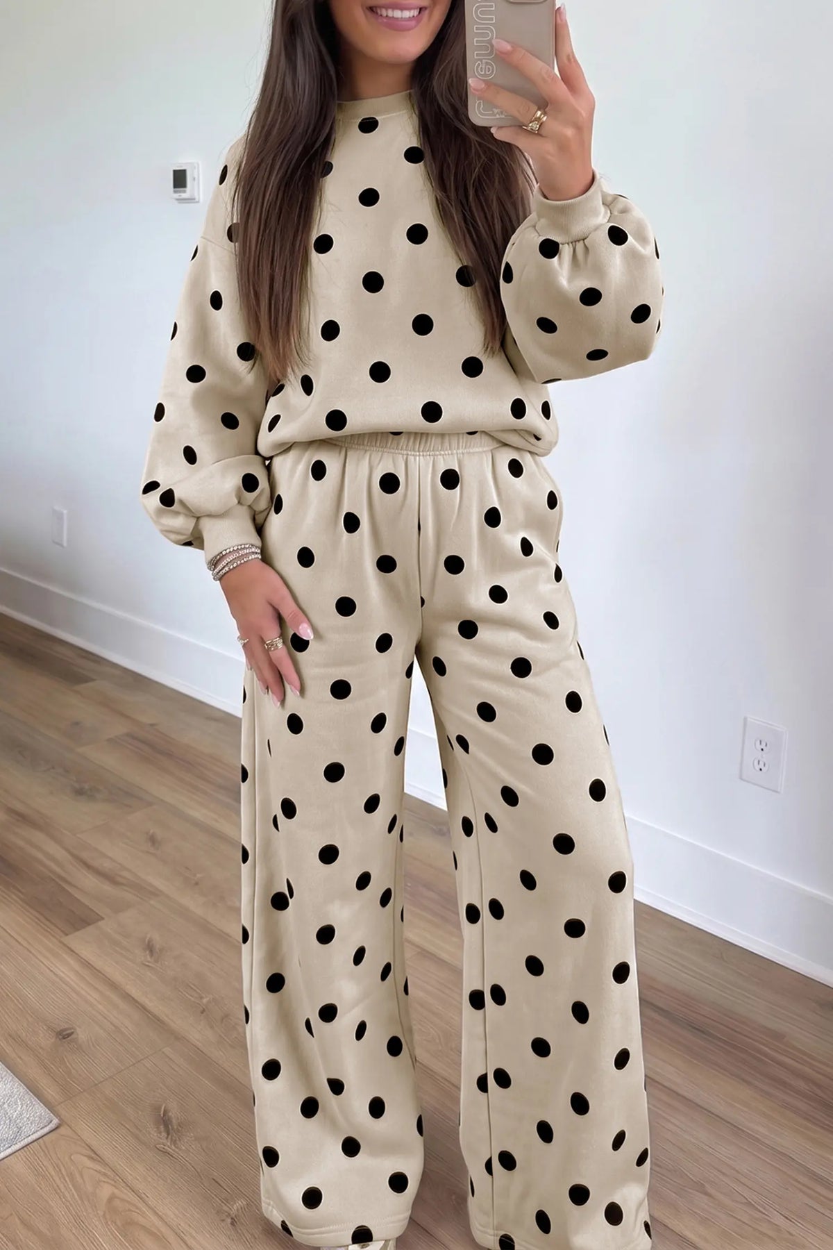 Pink Polka Dot Puff Sleeve Top Casual Pants 2pcs Set