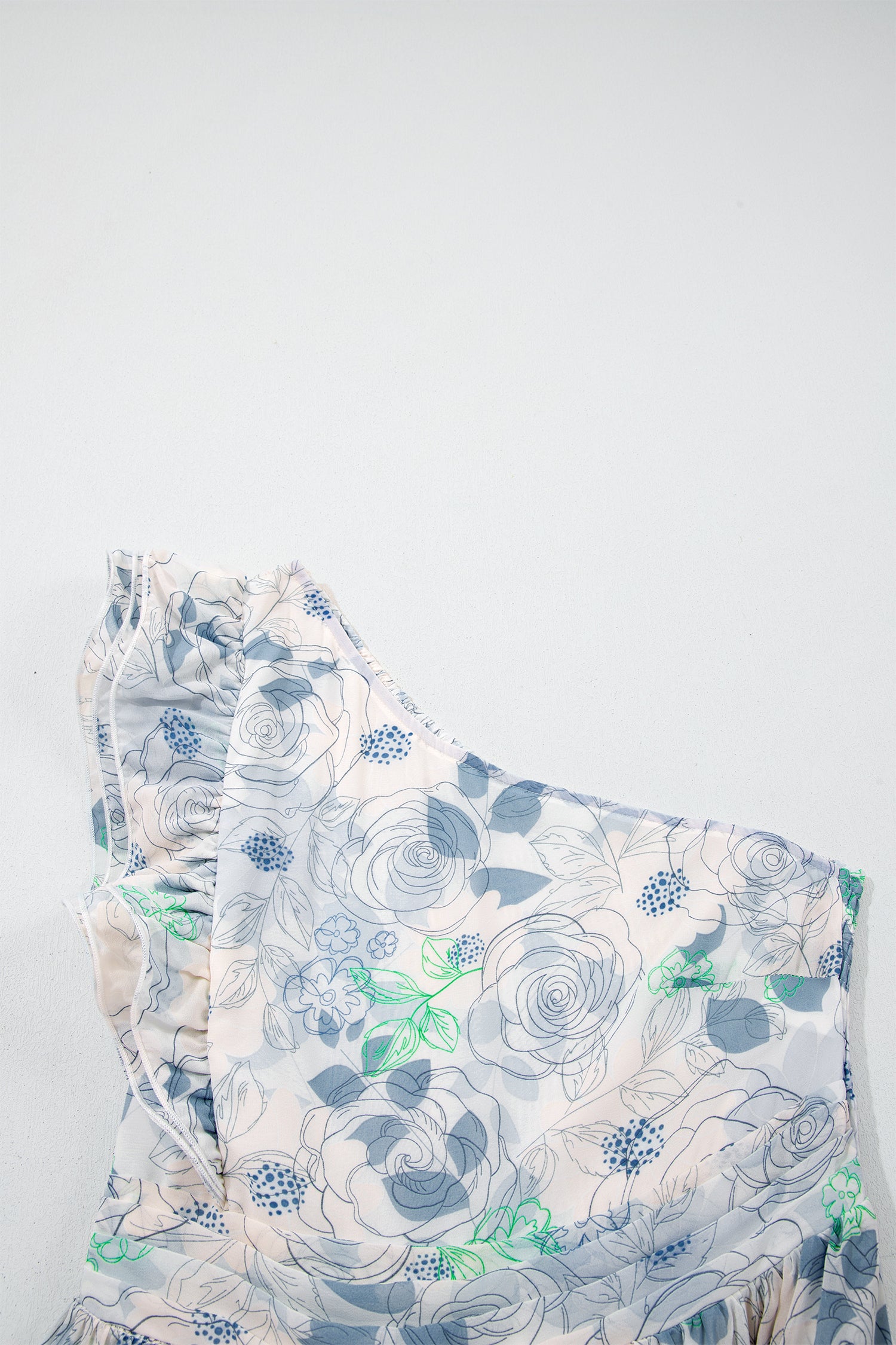 Sky Blue Floral Print Ruffled One Shoulder Maxi Dress