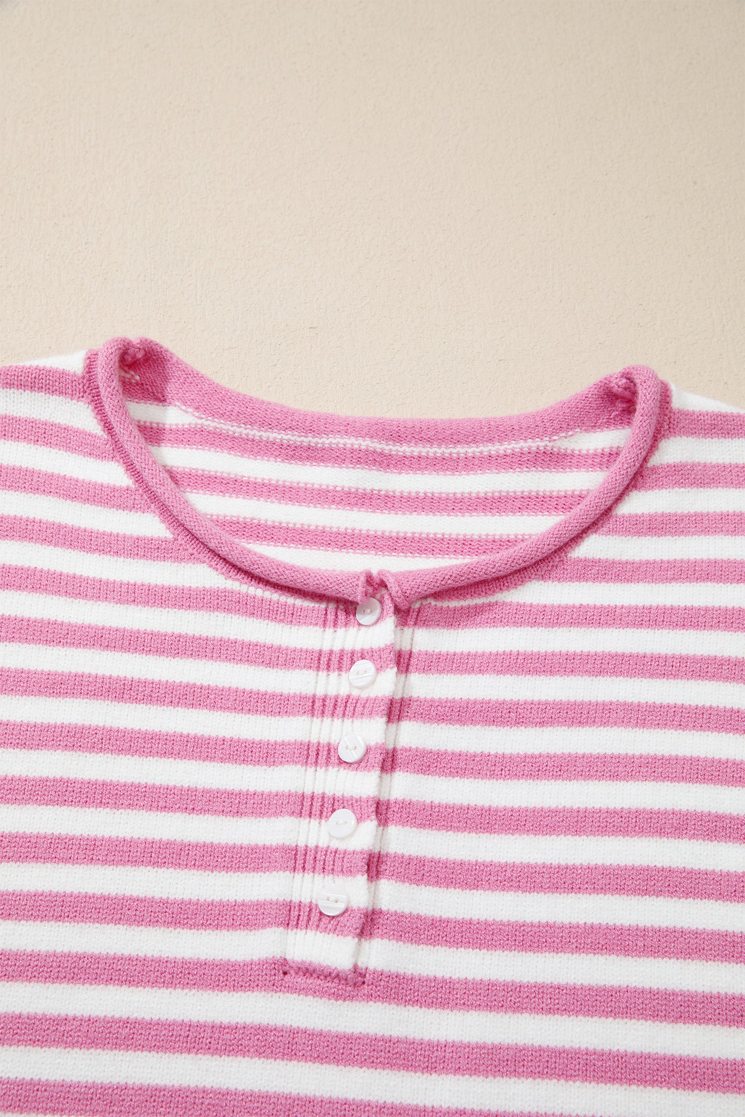 Striped Button Placket Drop Shoulder Long Sleeve Sweater – Pink Stripe