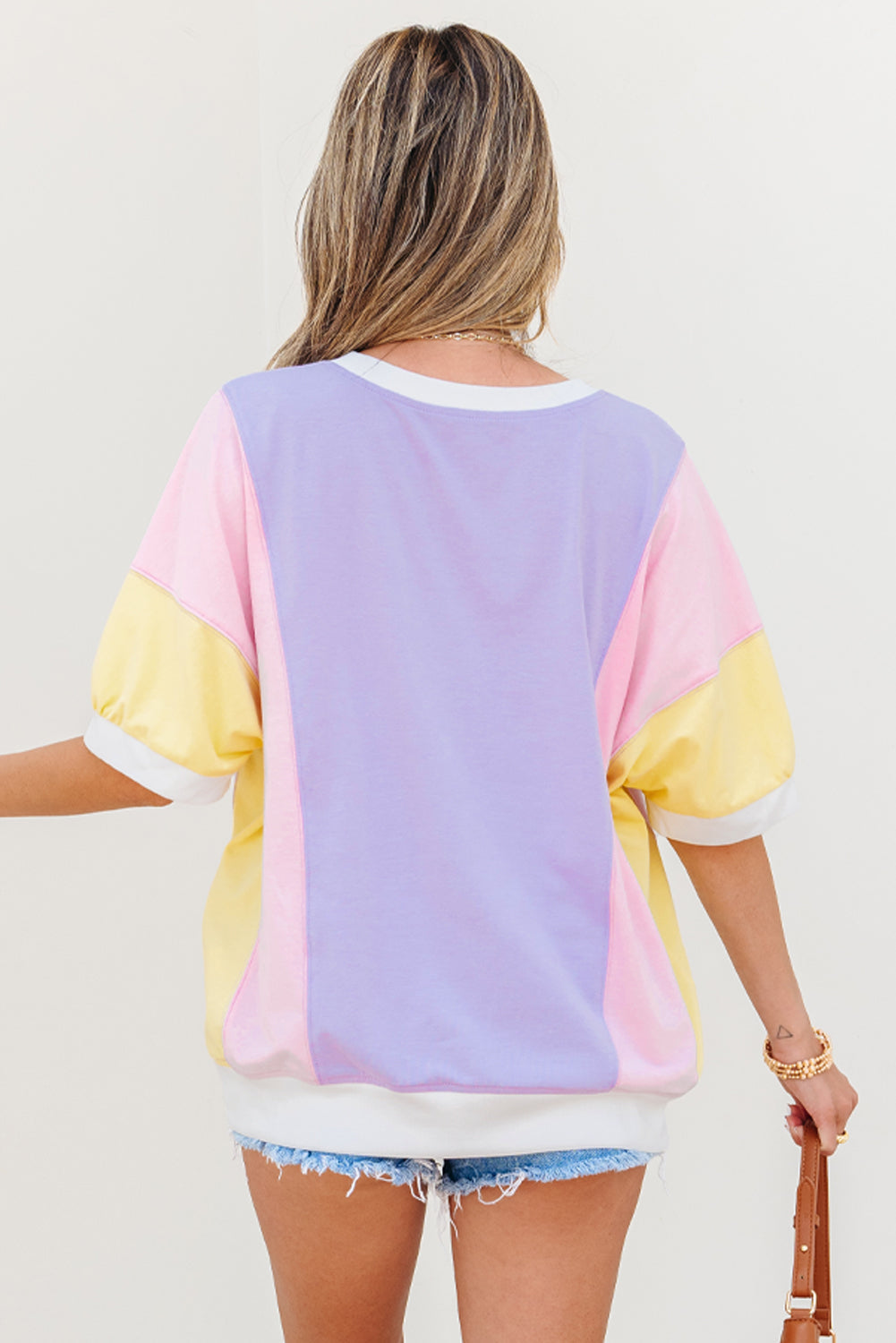 Purple Colour Block Patchwork Half Sleeve Oversized T Shirt eAura