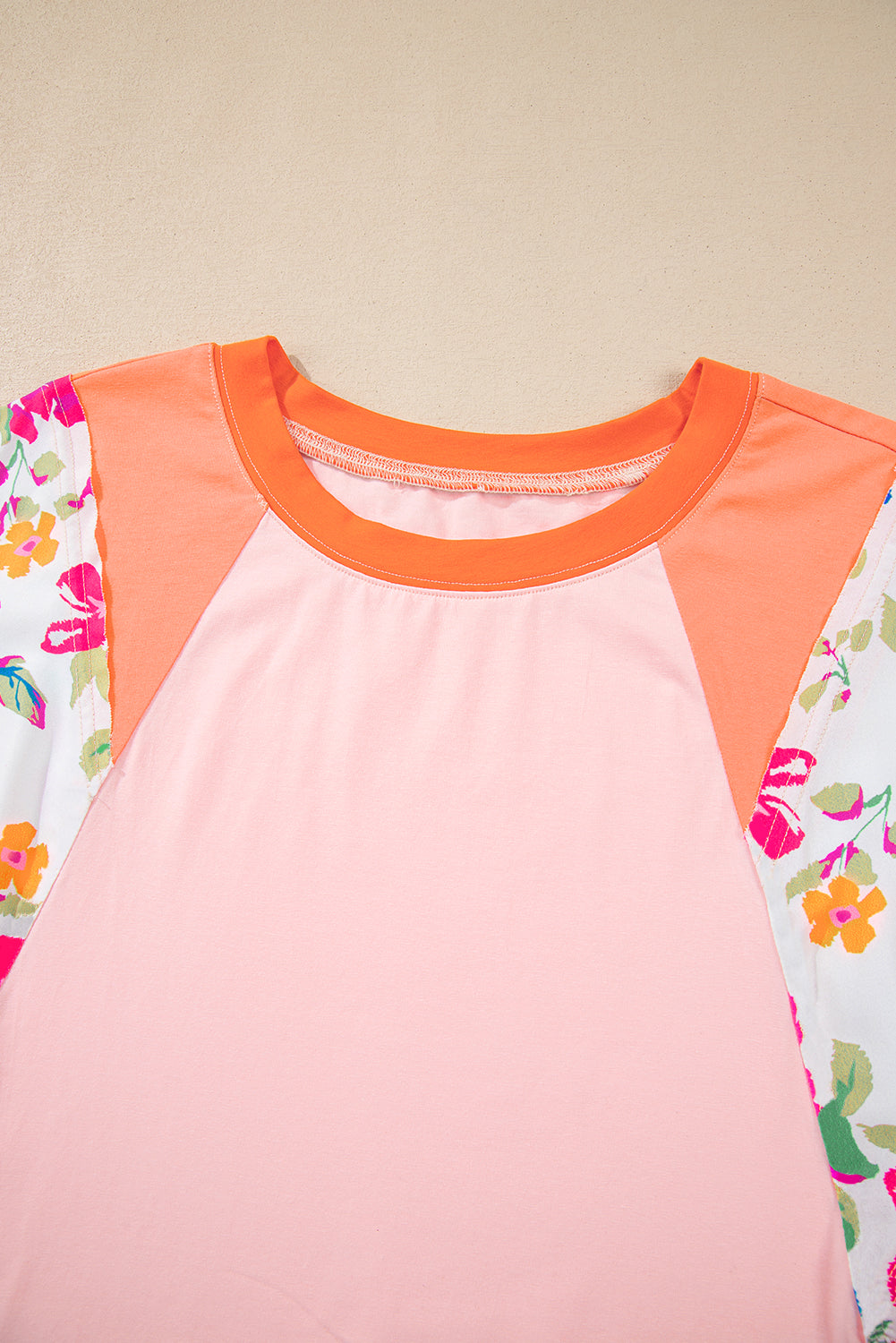 Orange Plus Size Floral Print Patchwork Raglan Half Sleeve Top BB Fashion Outlet