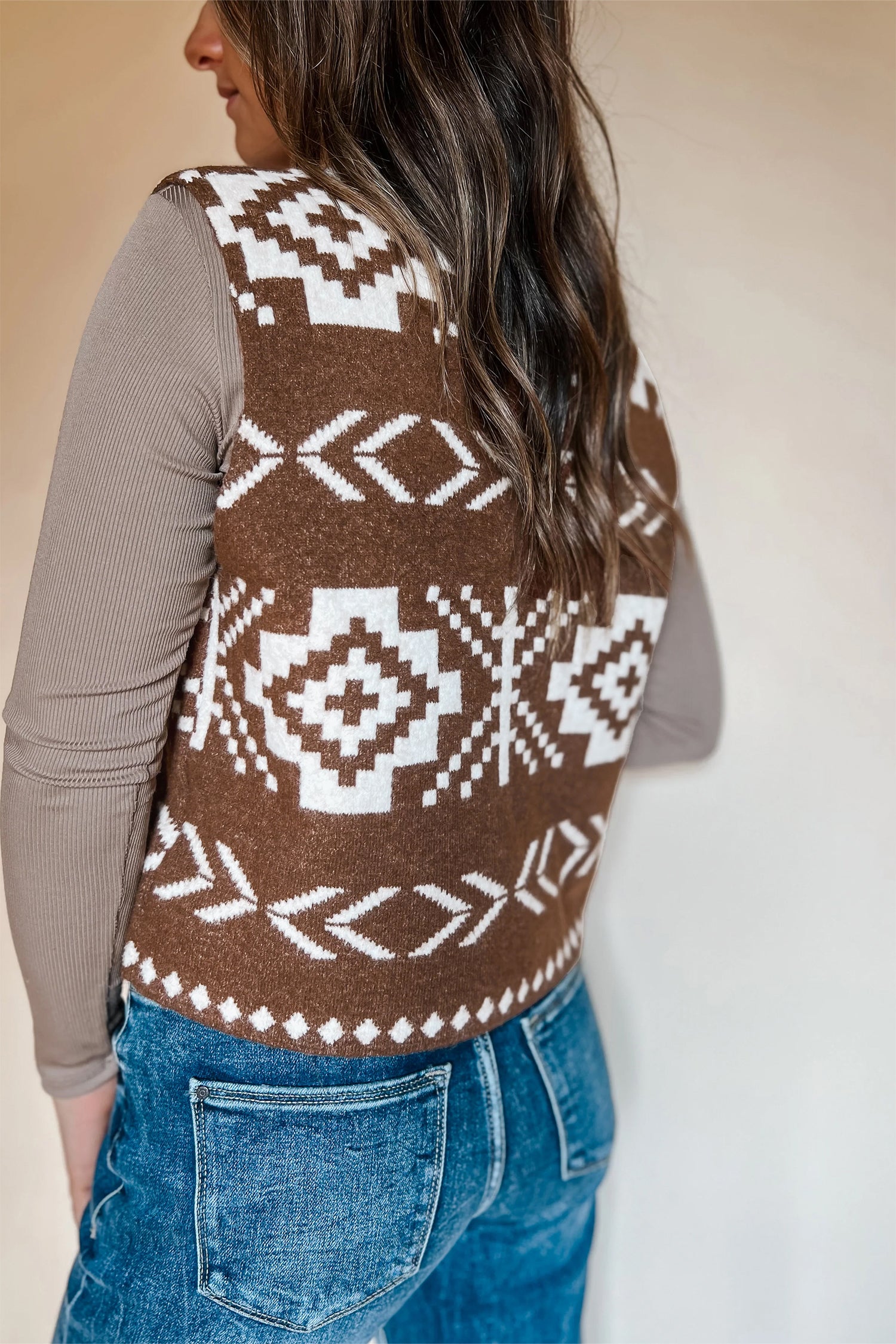 Brown Aztec Button Square Neck Sweater Vest