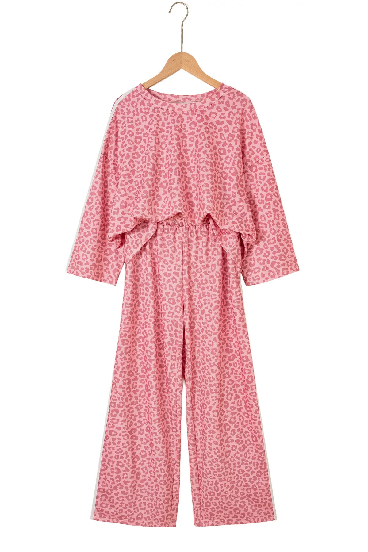 Leopard Print Varsity Striped Detail 3/4 Sleeve Top Shift Pant Set – Pink