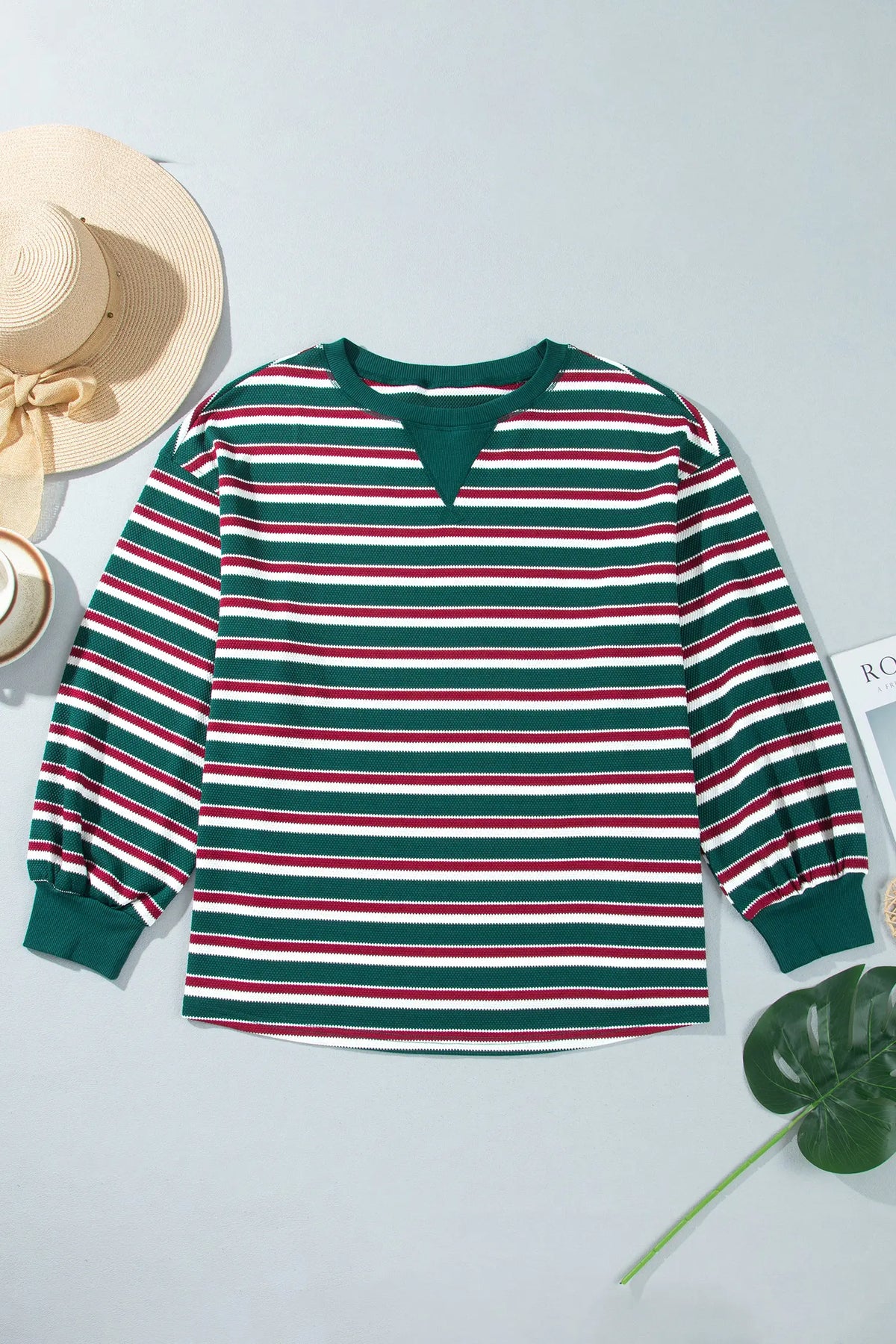 Striped Colourblock Round Neck Long Sleeve Shift Plus Size Sweatshirt – Green Stripe