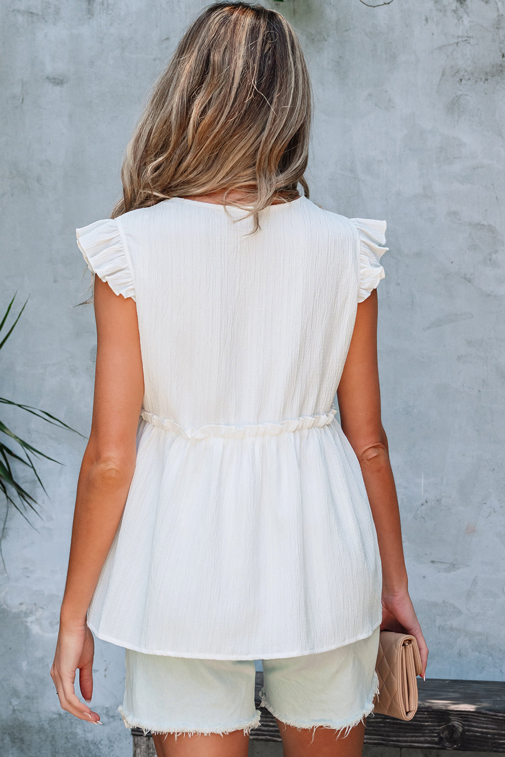 White Textured Ruffled Trim V Neck Flutter Flowy Top eAura