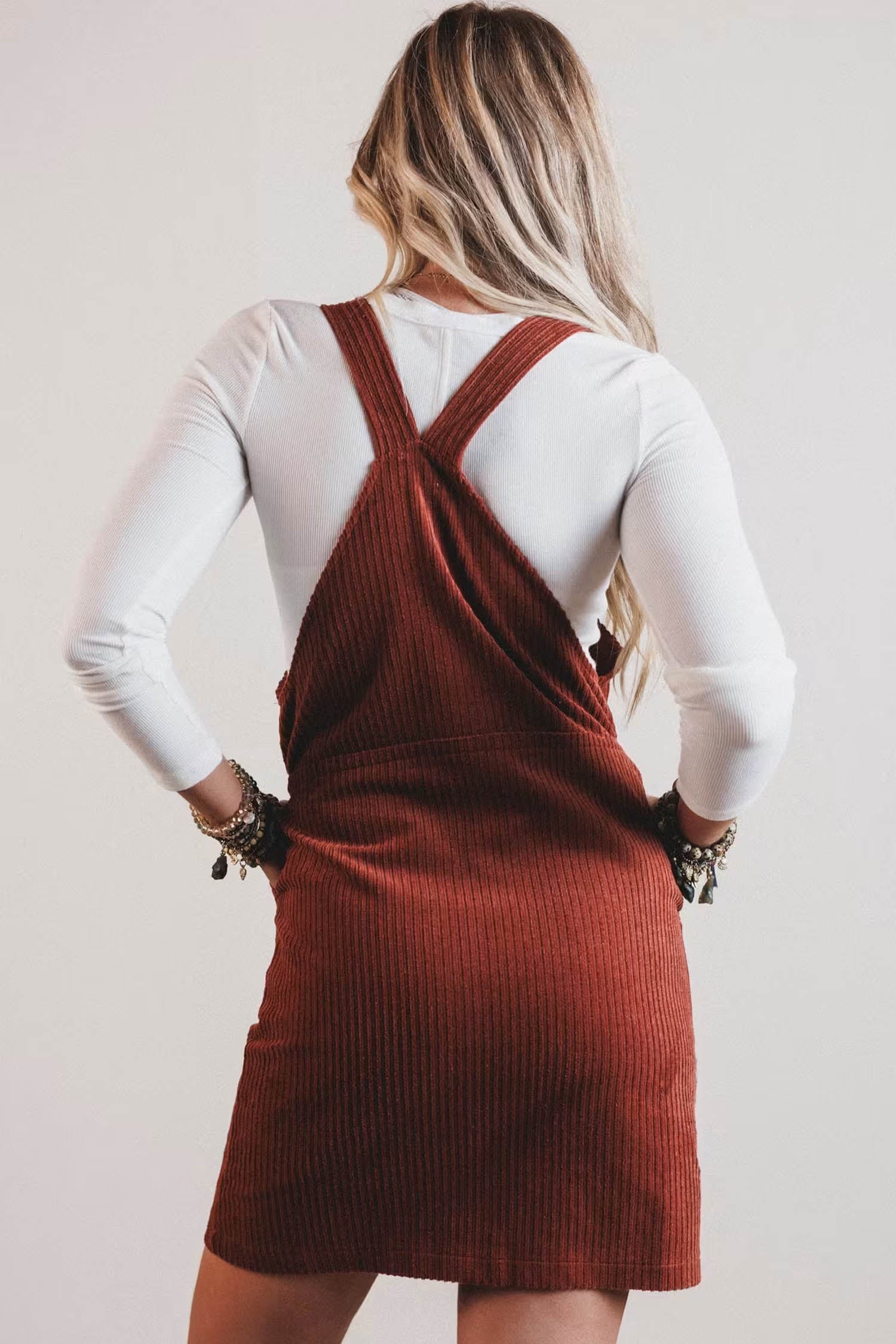 Ribbed Corduroy Zip-Up Sleeveless Pocket Sheath Dress – Clay