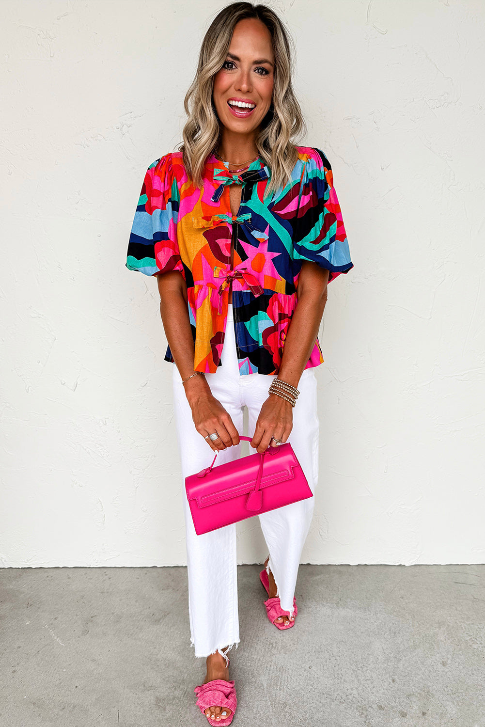 Abstract Floral Print Front Tied Puff Sleeve Babydoll Blouse - eAura