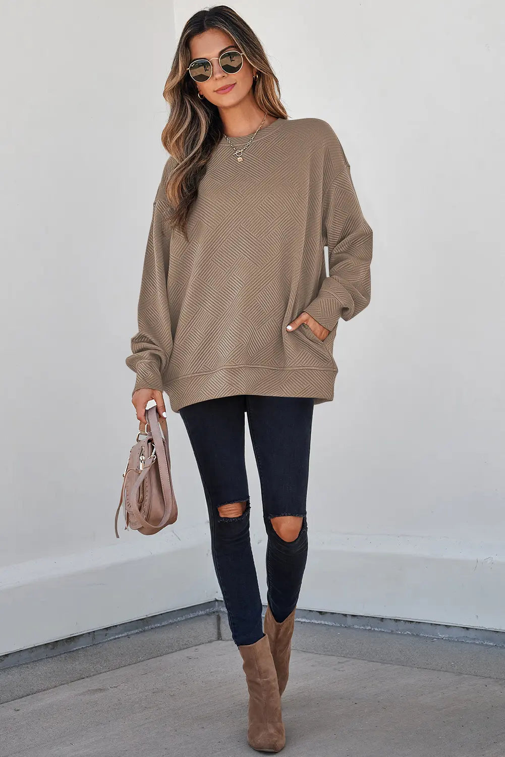 Jungle Solid Colour Textured Round Neck Drop Shoulder Pullover Sweatshirt – Green