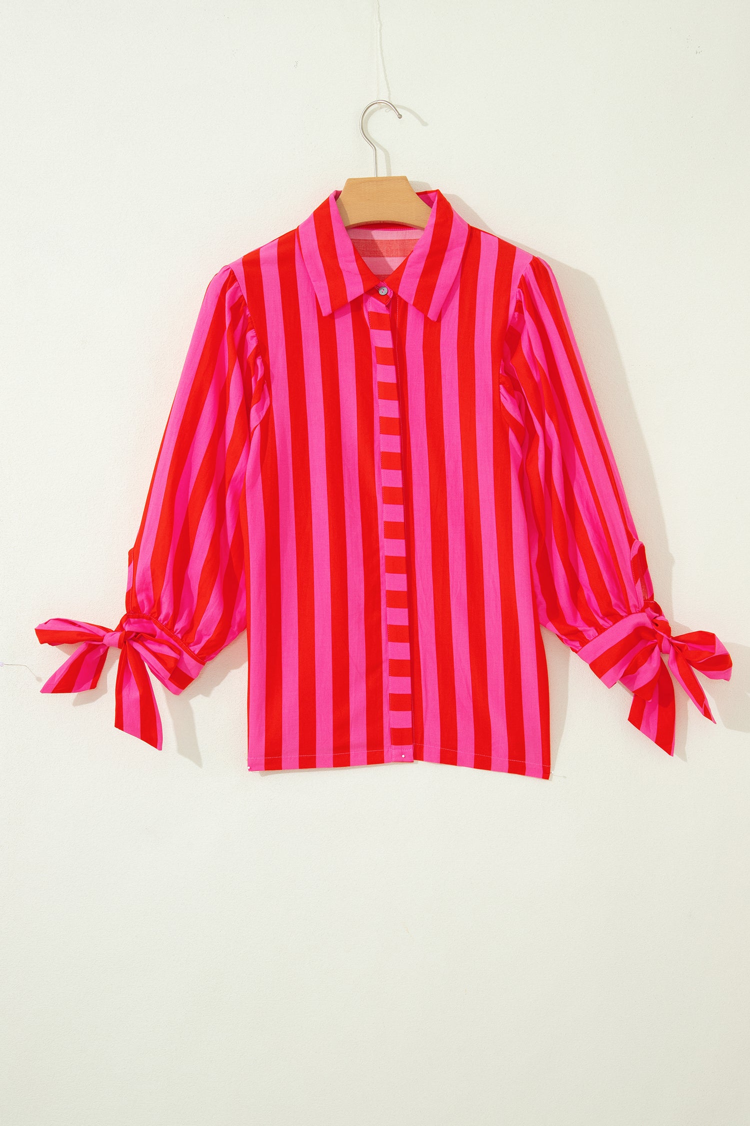 Striped Tie Puff Sleeve Button-Down Shirt