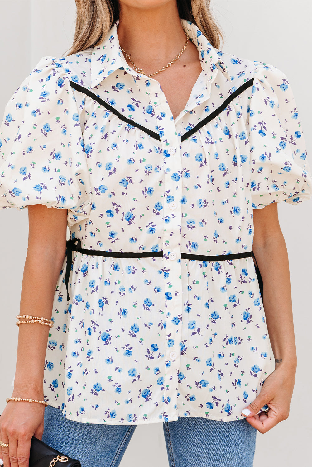 White Contrast Trim Floral Puff Short Sleeve Shirt BB Fashion Outlet
