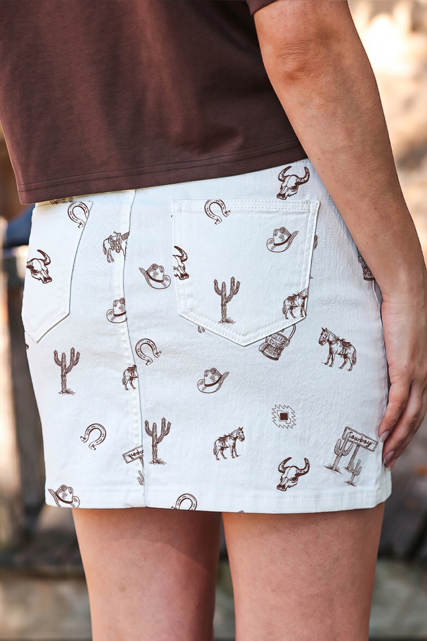 Western Print Cactus Horse Bull Denim Skirt – White