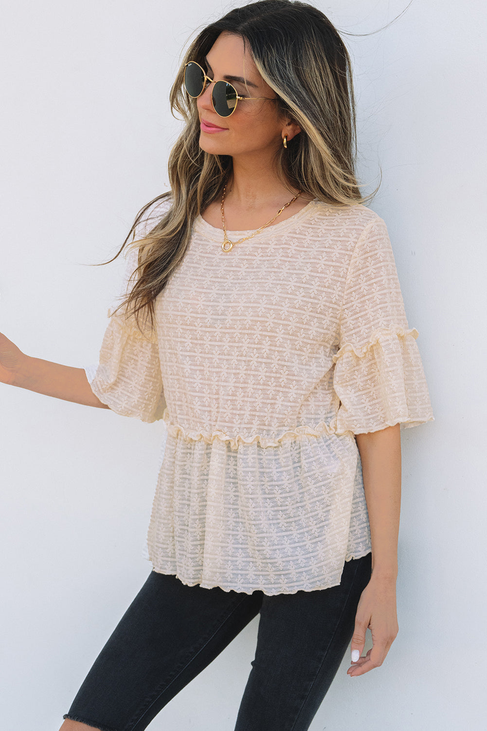 Beige Solid Colour Textured Ruffled Short Sleeve Blouse eAura