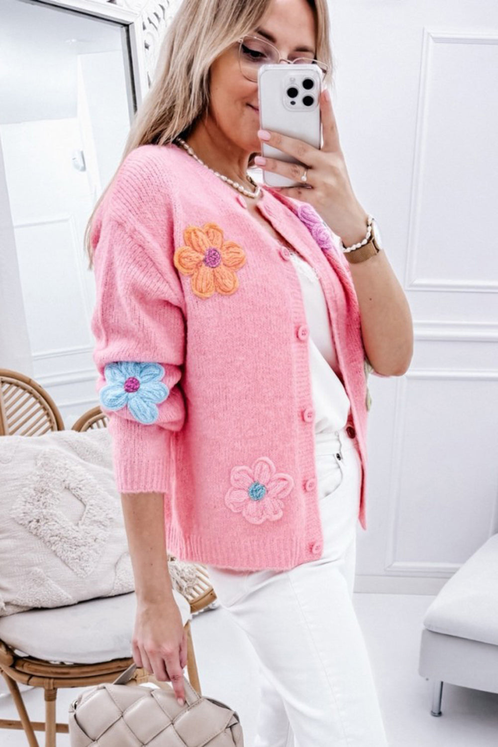 Pink Cute Knitted Floral Pattern Button Up Cardigan eAura