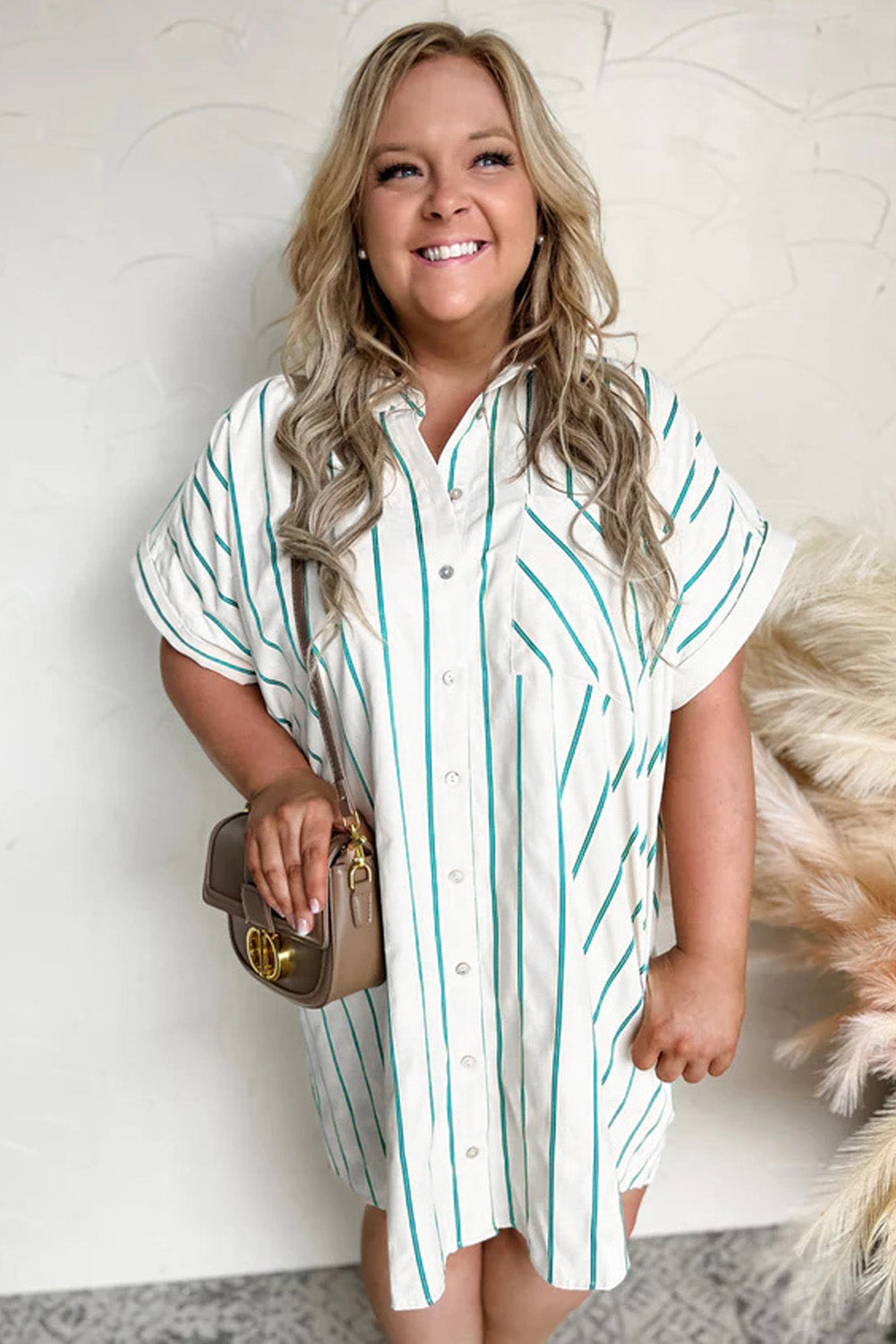 Green Stripe Plus Size St Patricks Day Short Sleeve Buttoned Shirt Dress BB Fashion Outlet