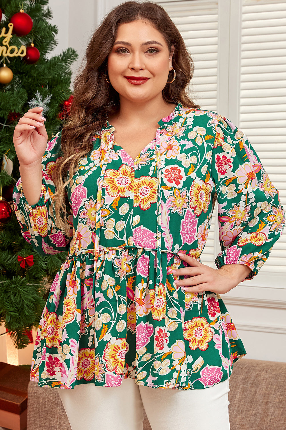 Green Floral Tied V Neck Long Sleeve Plus Size Babydoll Top BB Fashion Outlet