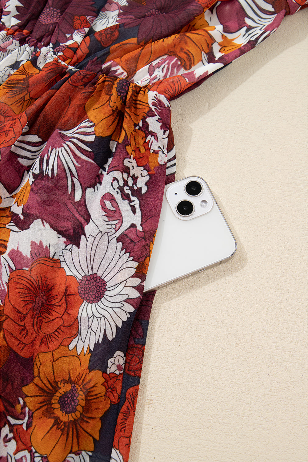 Floral Print Wrap V-Neck Puff Sleeve Flowy Mini Dress - eAura