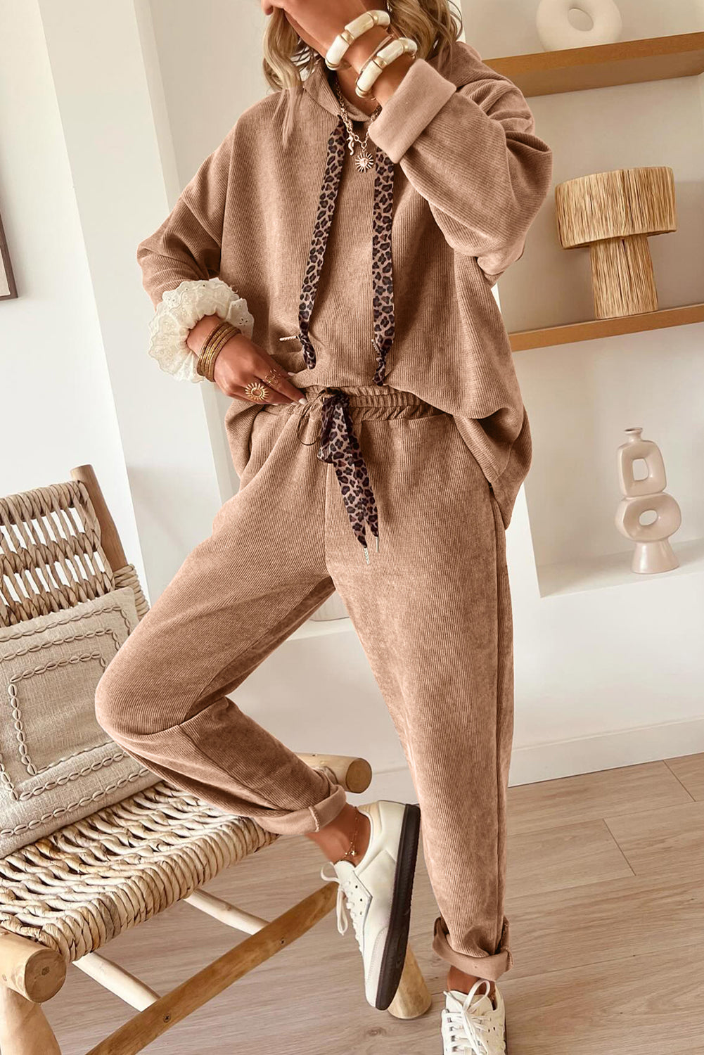 Pullover Hoodie and High Waist Bottoms Soft Cord Co-ord Set - eAura
