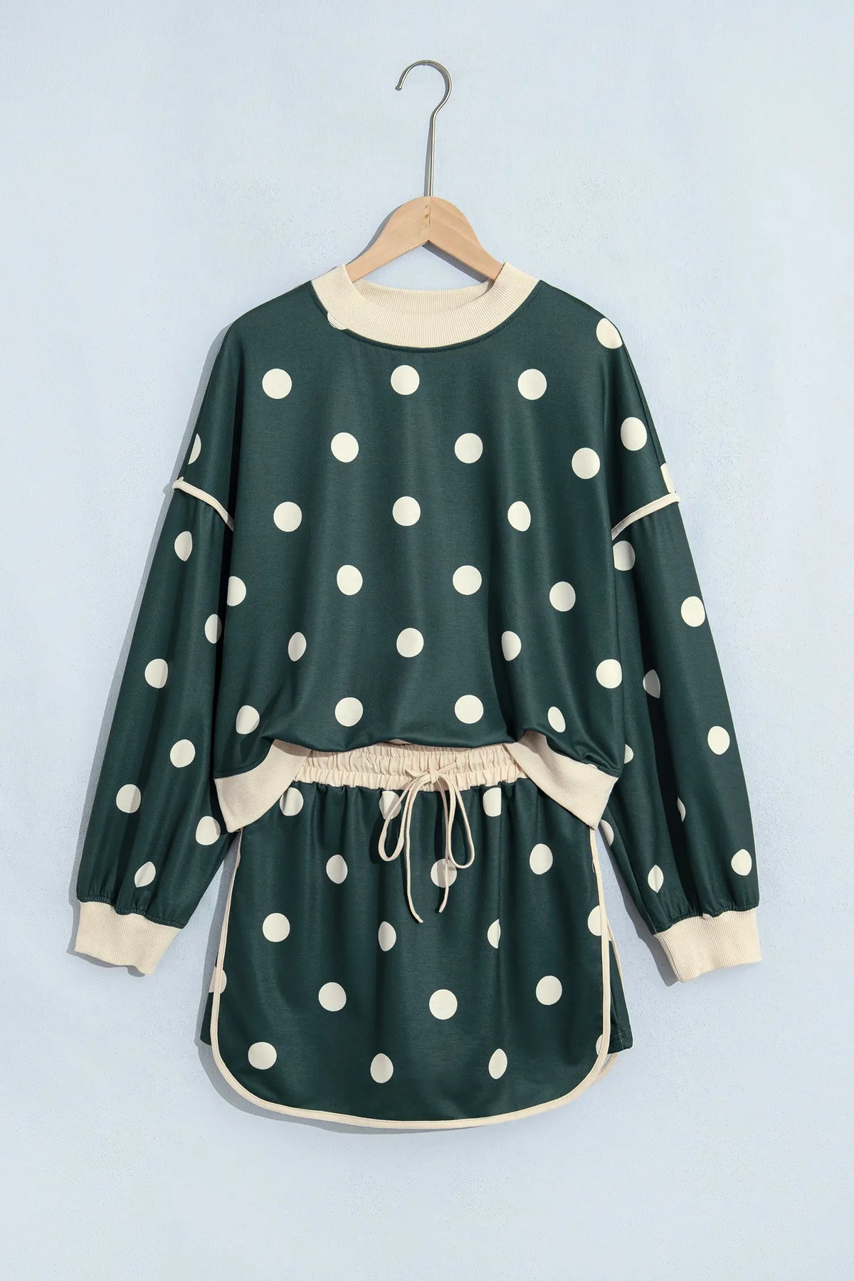 Polka Dot Print Colour Block Trim Baggy Pullover Drawstring Skirt 2pcs Set – Green