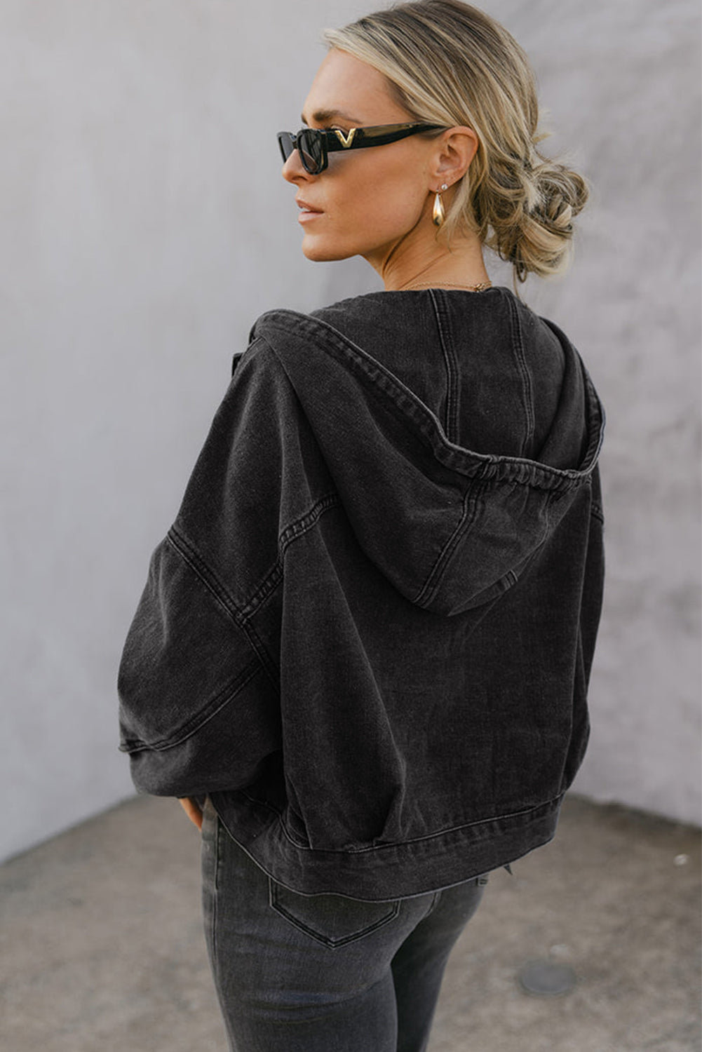 Black Big Chest Pocket Drop Shoulder Hooded Denim Jacket eAura