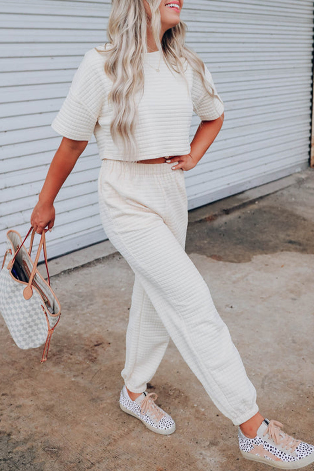 White Lattice Textured Cropped Tee and Jogger Pants Set BB Fashion Outlet