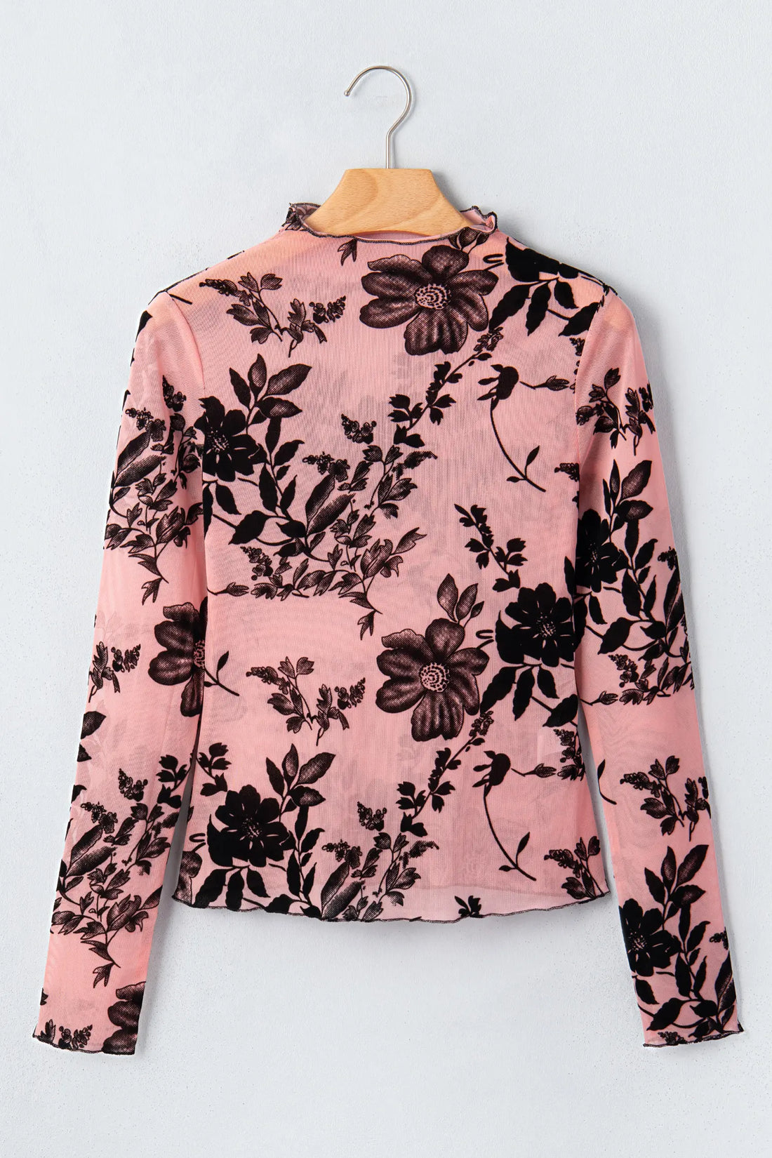 Gossamer Pink Retro Floral Print Mesh Long Sleeve Pullover Blouse – Light Pink