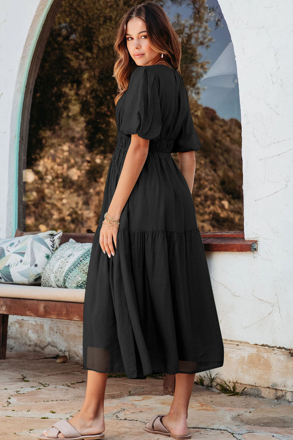 Pink Puff Sleeve Pleated High Waist Flowy Long Dress eAura