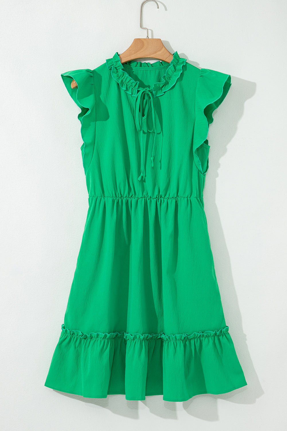Bright Green Split V Neck Elastic Waist Ruffled Dress eAura