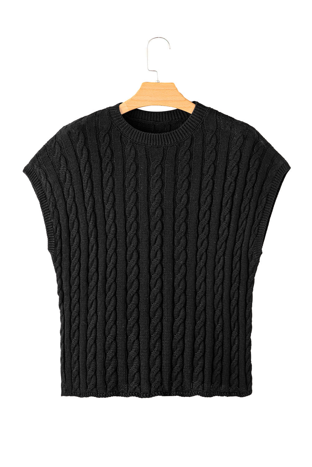 Black Crew Neck Cable Knit Short Sleeve Sweater eAura