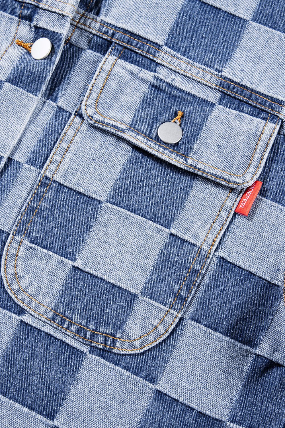 Light Blue Checkered Patchwork Button up Denim Jacket Beagle Boutique Fashion Outlet