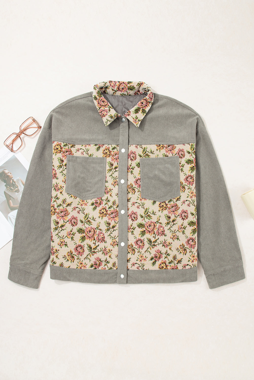 Soft Corduroy Floral Patchwork Jacket - eAura