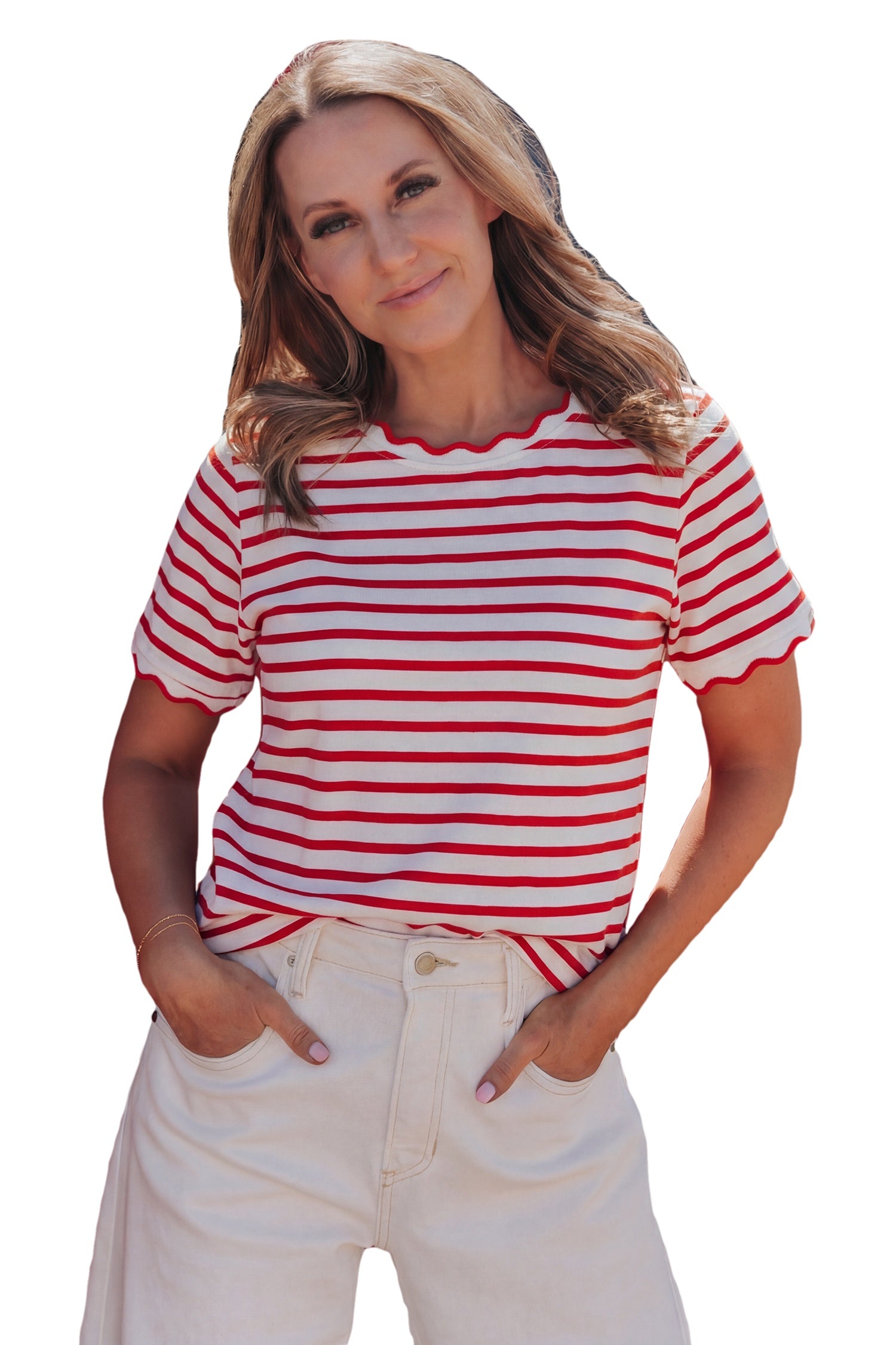 Stripe Scalloped Trim Round Neck T-Shirt