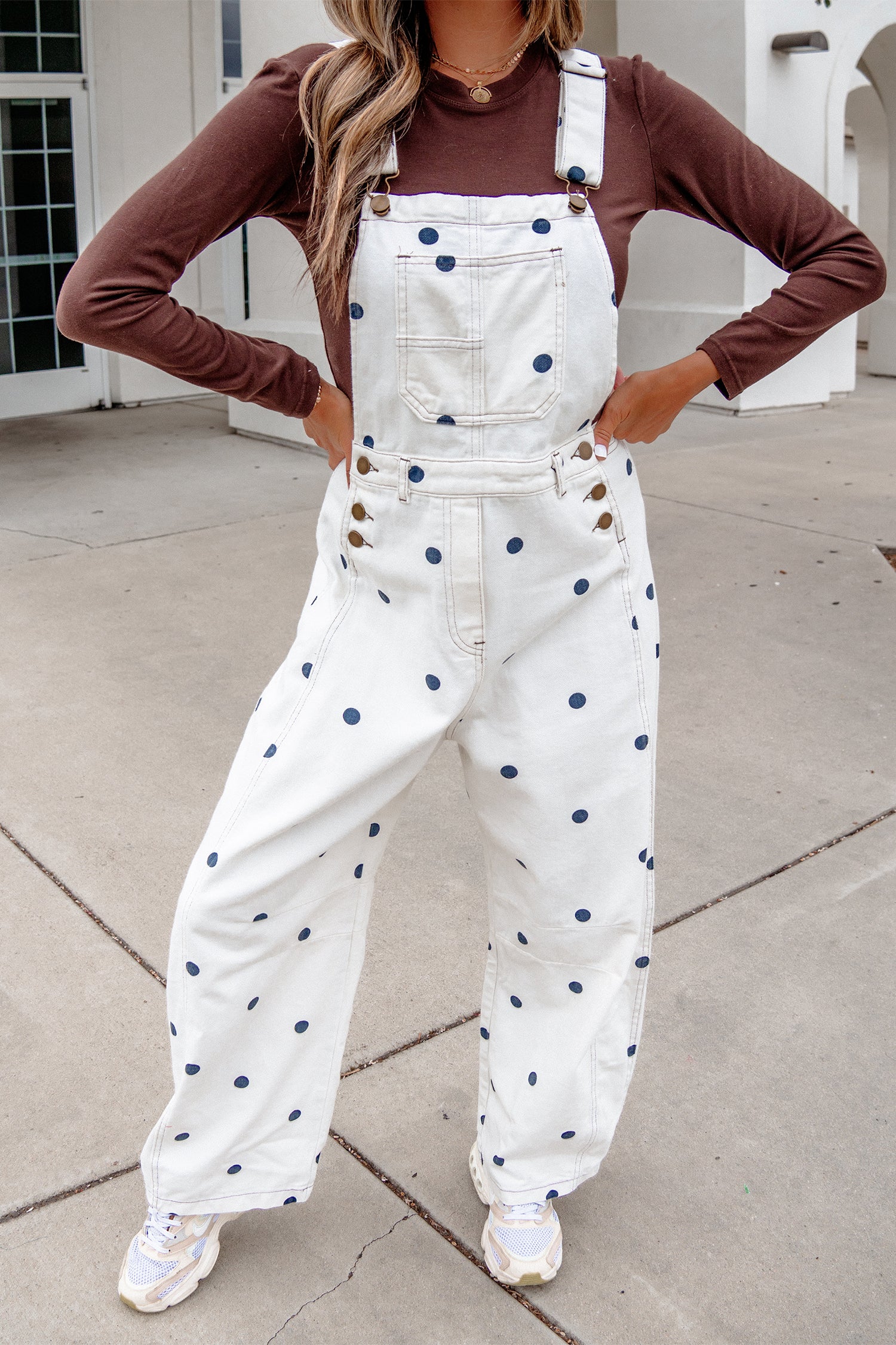 Polka Dot Print Bib Pocket Denim Barrel Overalls