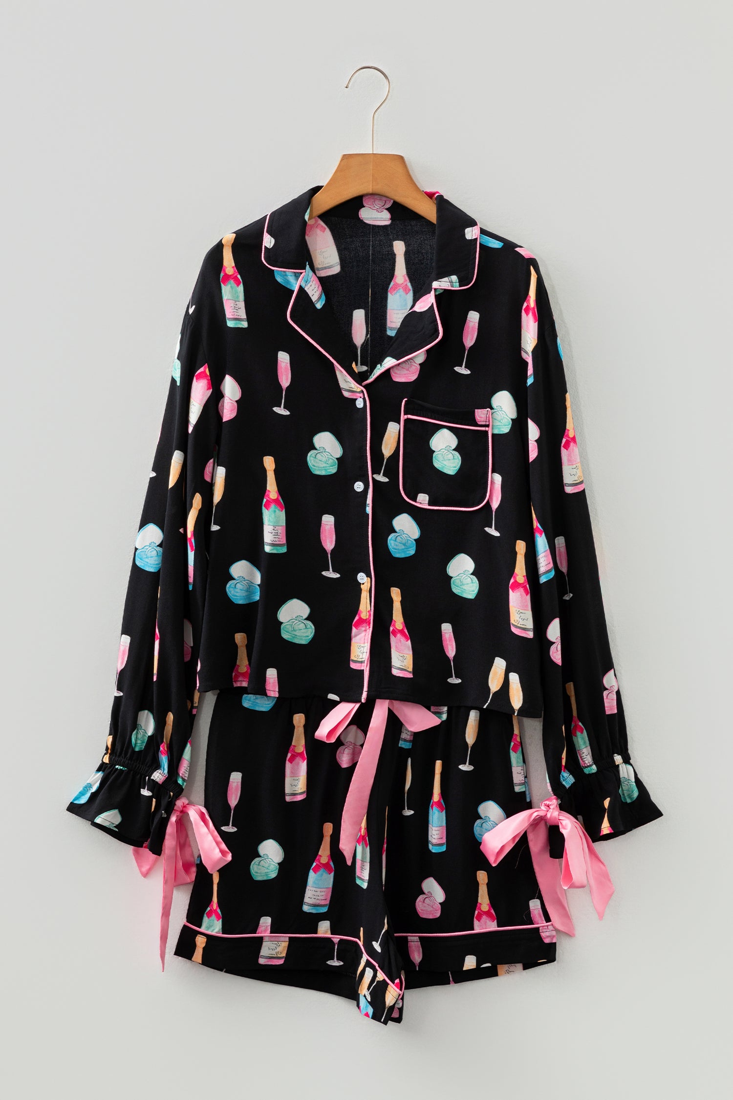 Christmas Wine Glass Print Bow Knot Two Piece Pajama Set – Color Black