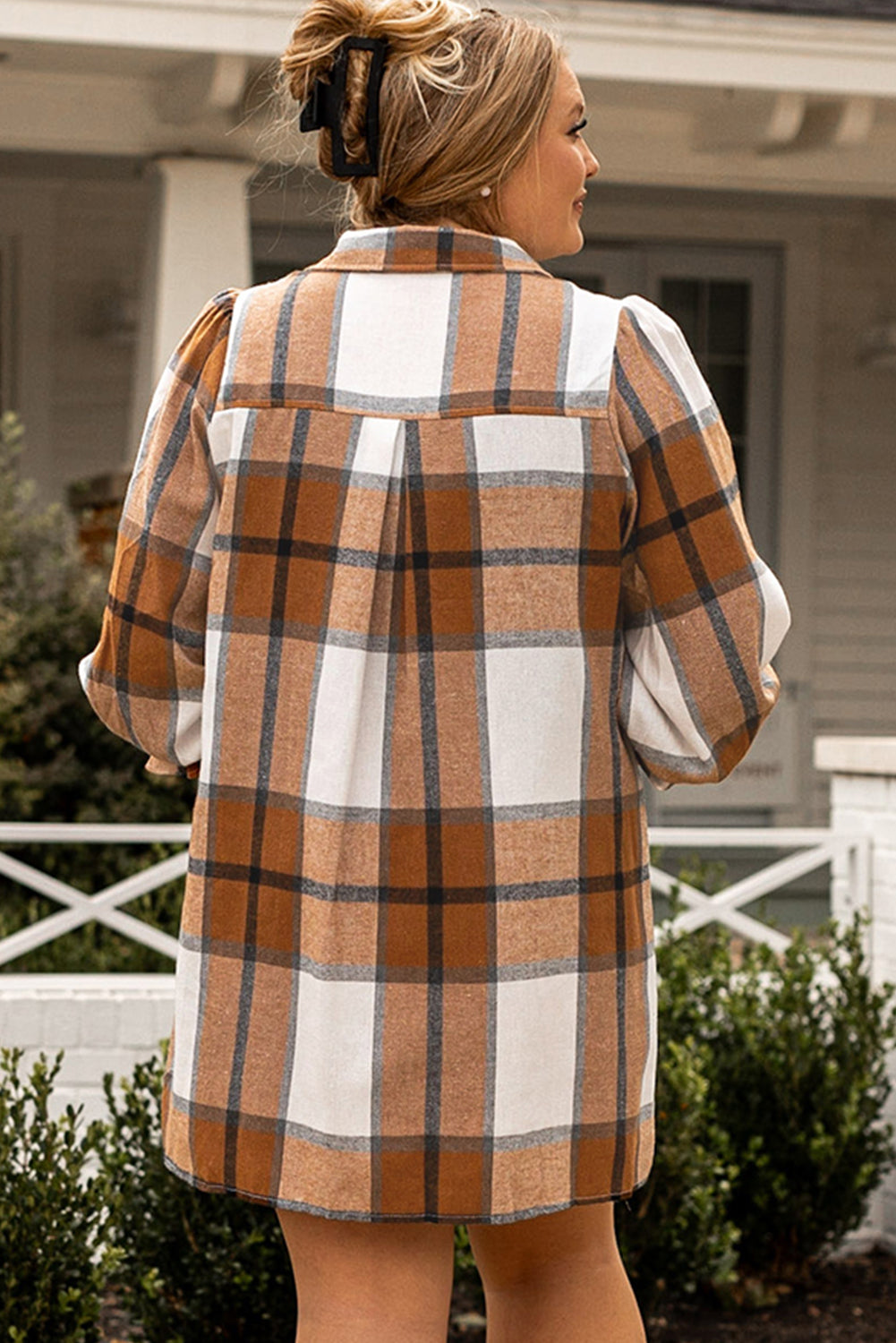 Khaki Plus Size Plaid Flounce Sleeve Button up Shirt Dress BB Fashion Outlet