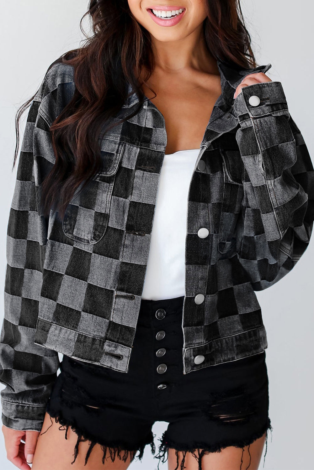 Light Blue Checkered Patchwork Button up Denim Jacket Beagle Boutique Fashion Outlet