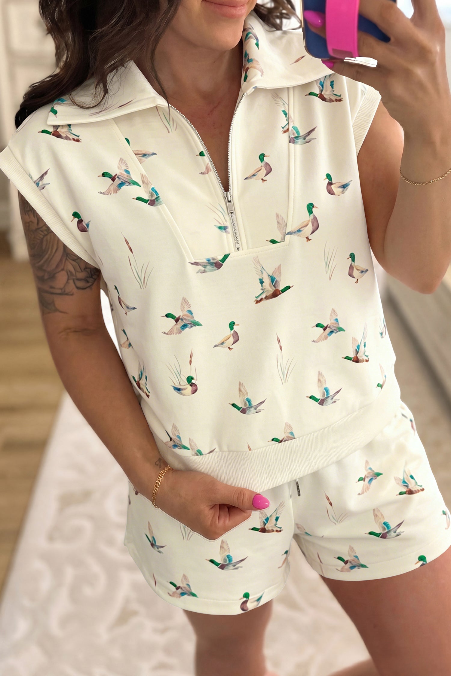 Mallard Printed Zip Polo Tee Drawstring Short Set – Beige
