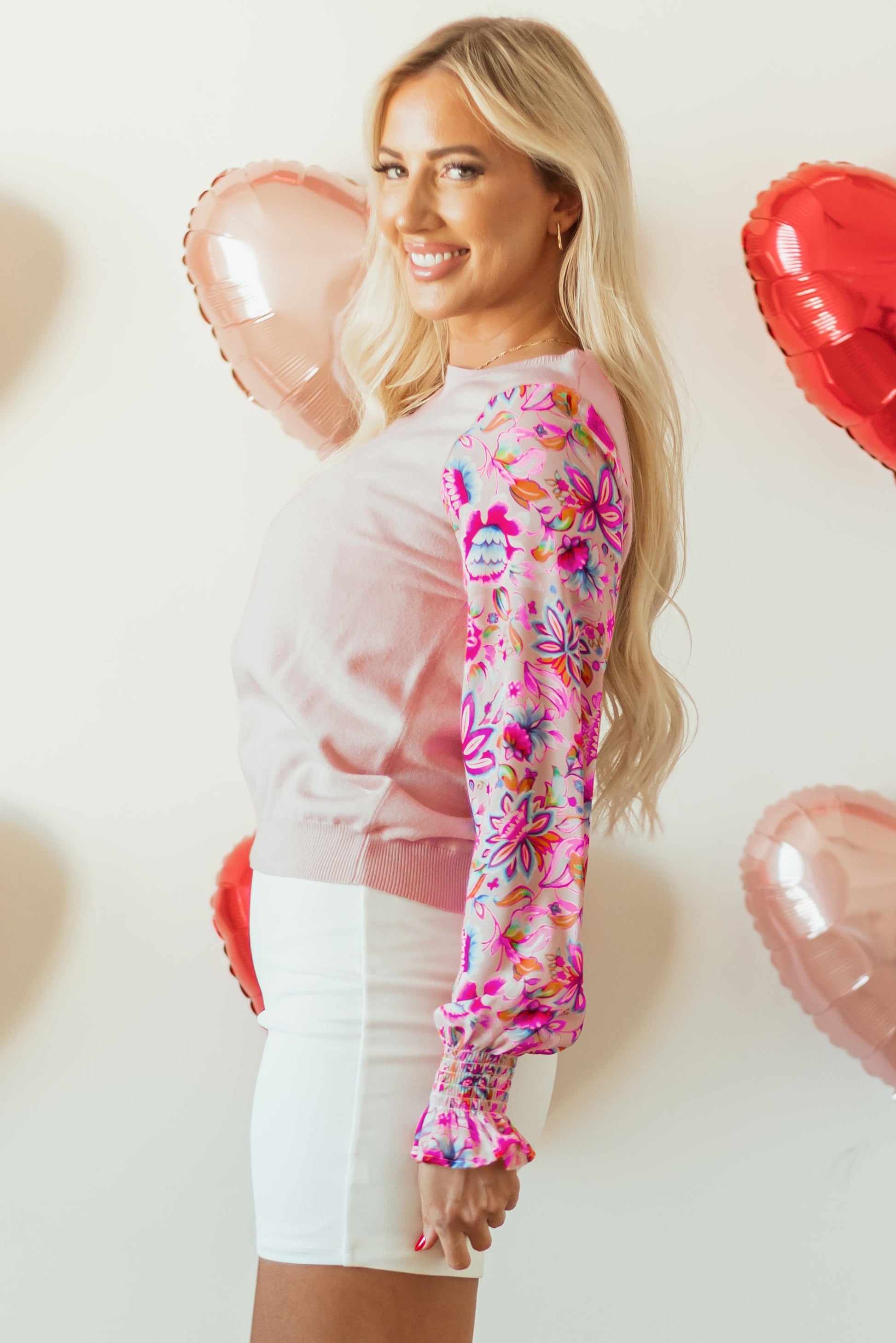 Oatmeal Floral Printed Patchwork Smocked Lantern Sleeve Knit Top eAura