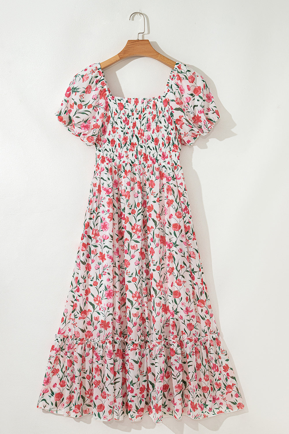 Pink Floral Puff Sleeve Square Neck Empire Waist Tiered Maxi Dress eAura