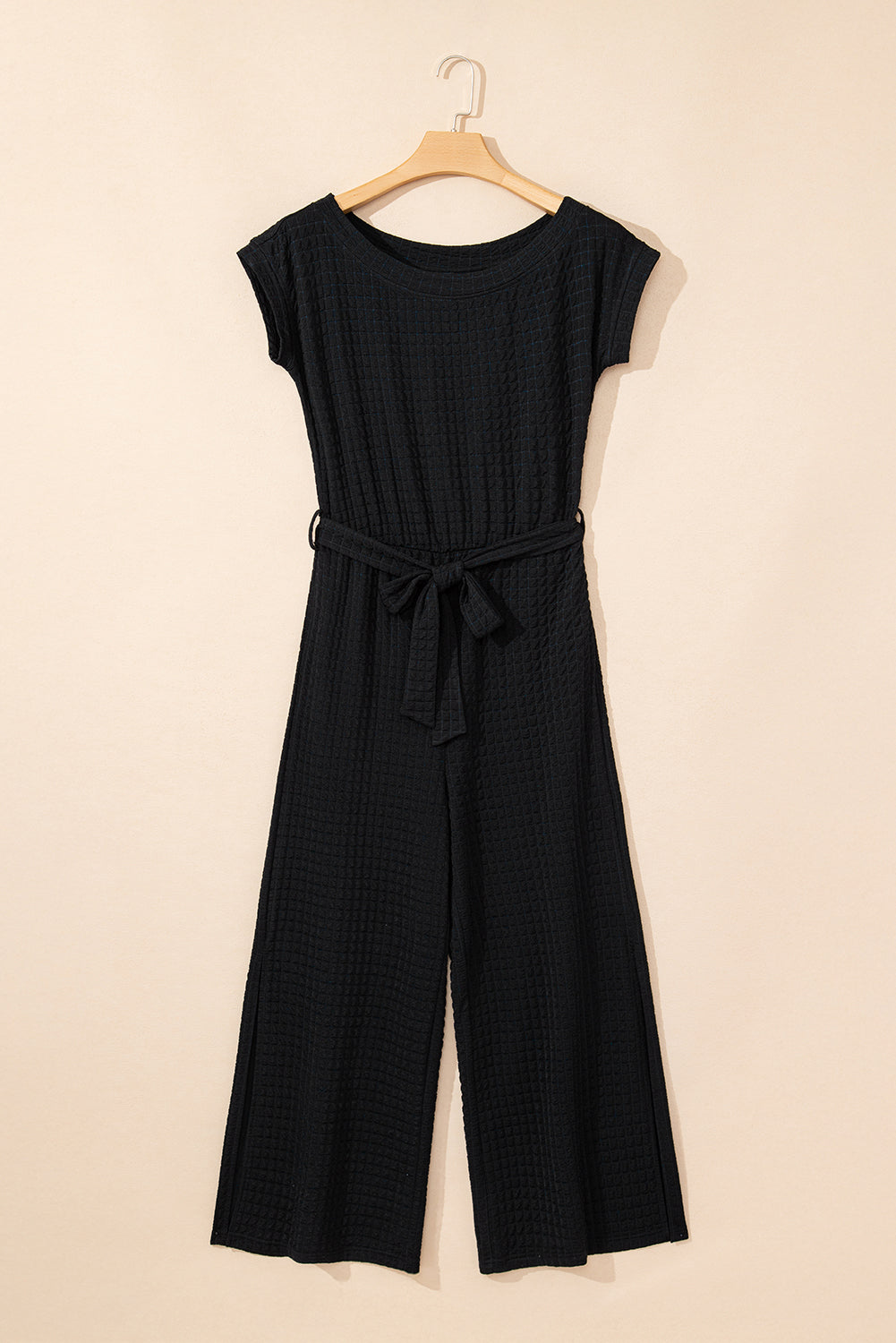 Black Checkered Mesh One Shoulder Short Sleeve Knotted Waist Jumpsuit eAura