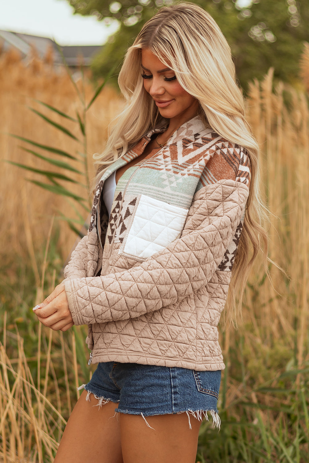 Beige Aztec Quilted Patchwork Western Fashion Jacket Dear-Lover Dropshipping