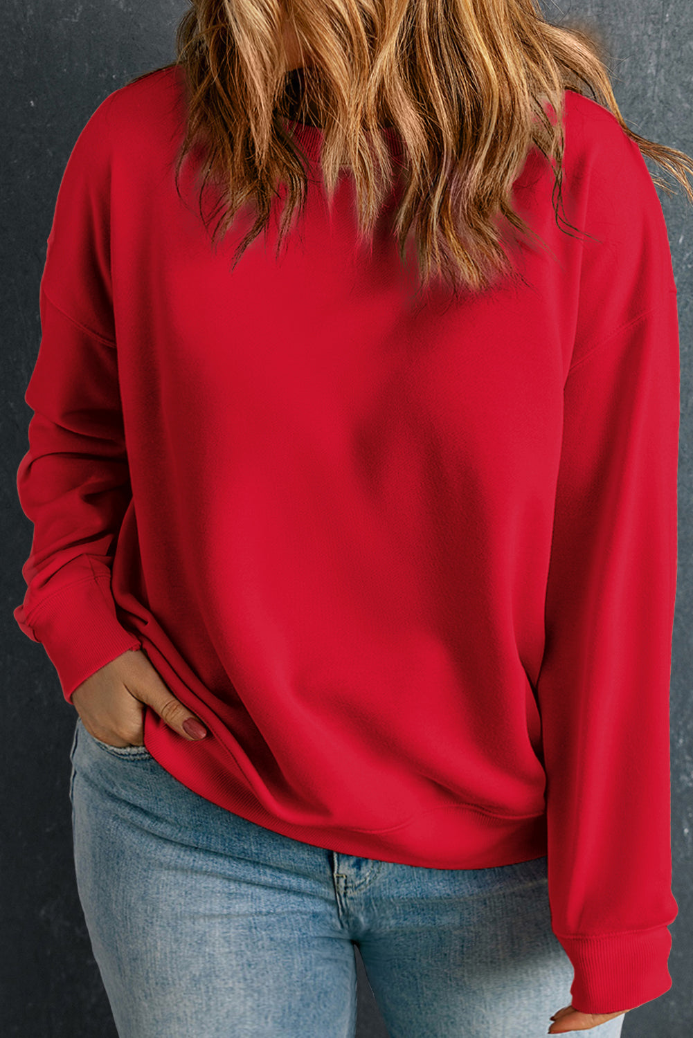 Racing Red Solid Crew Neck Drop Shoulder Plus Size Sweatshirt BB Fashion Outlet