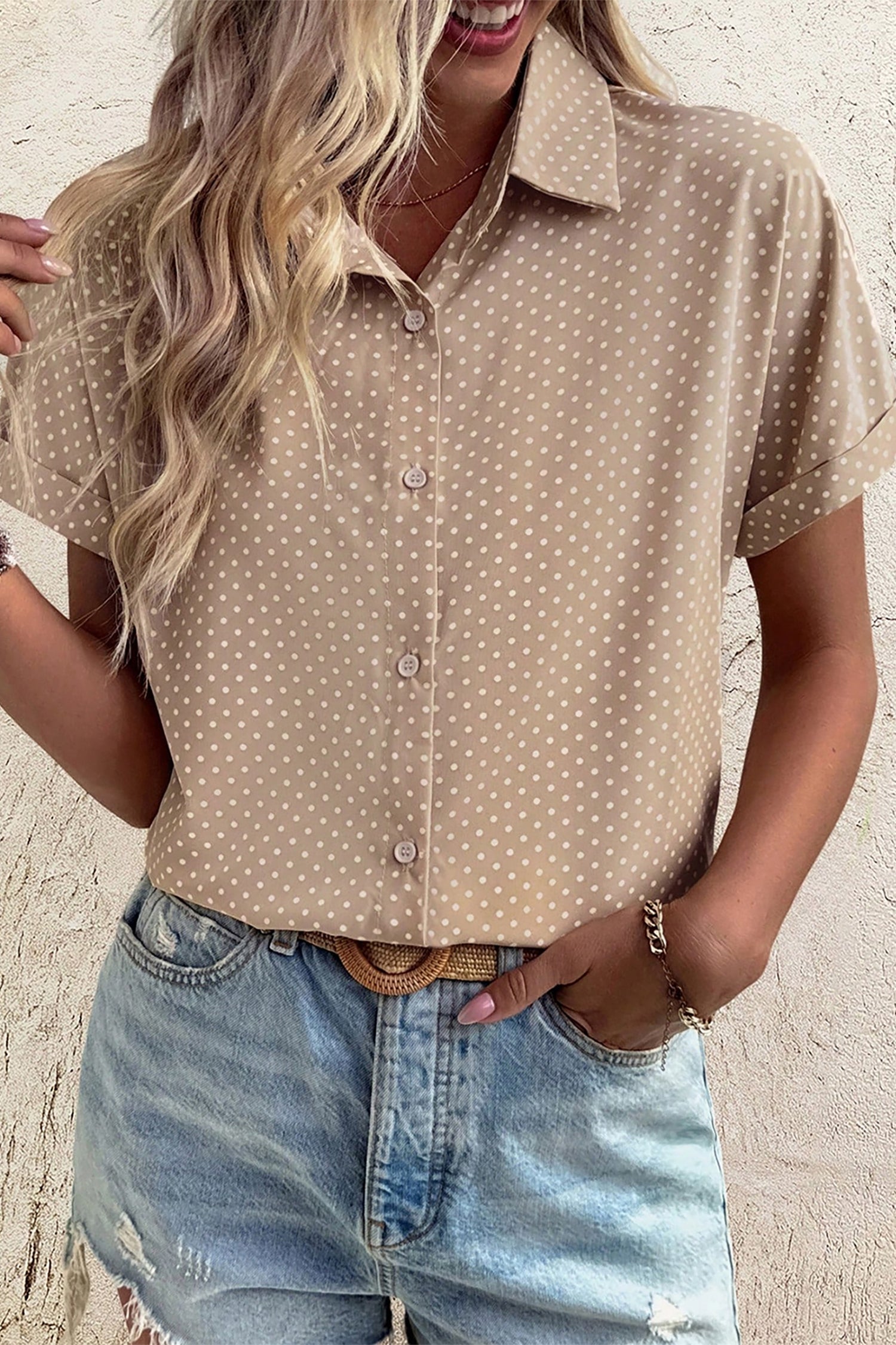 Dotted Print Cuffed Short Sleeve Shirt