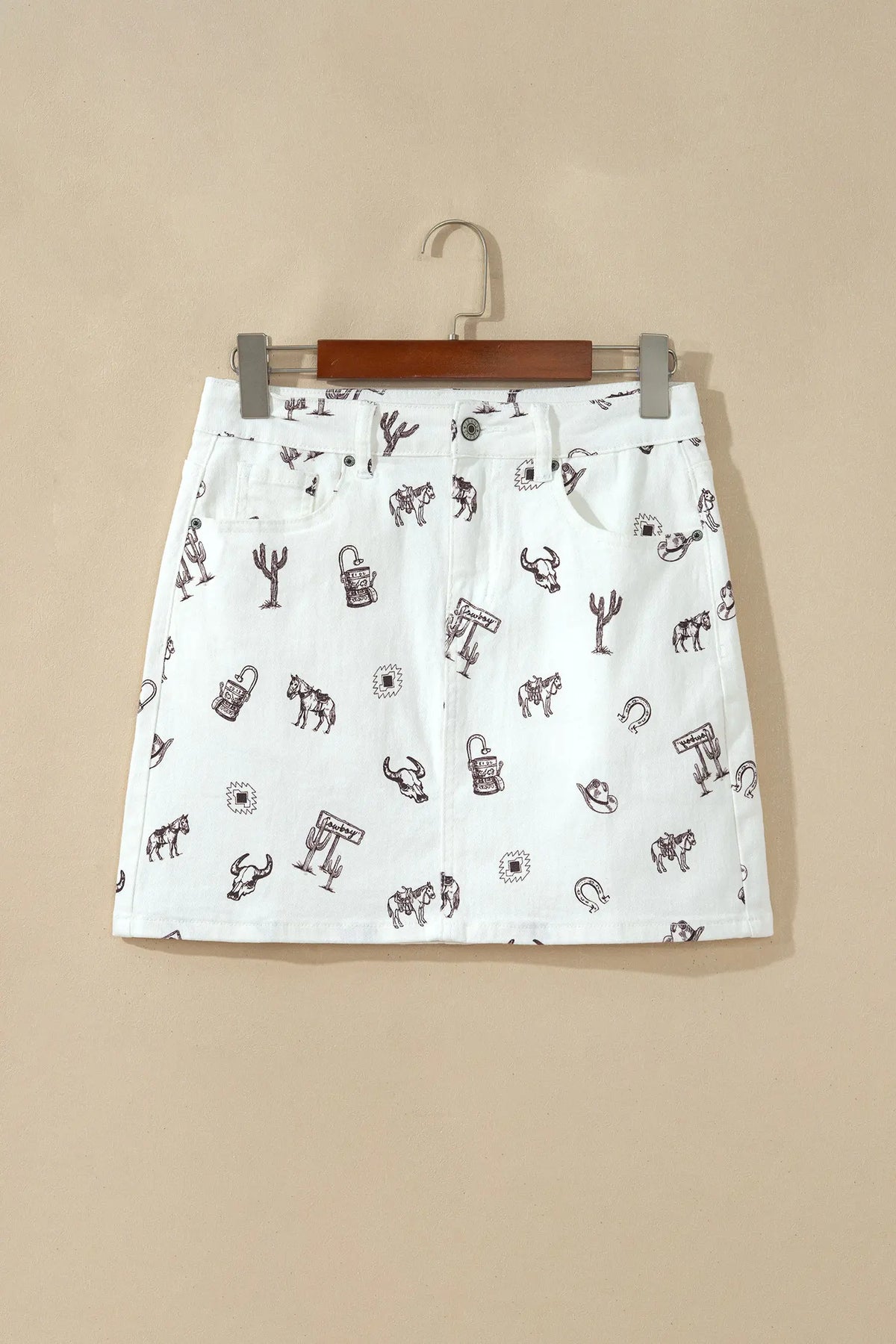 Western Print Cactus Horse Bull Denim Skirt – White