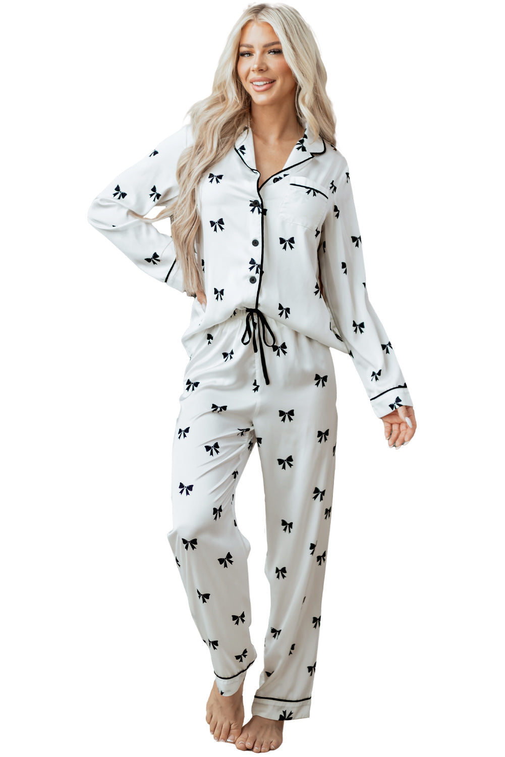 White Bows Print Two Piece Pyjama Set - eAura