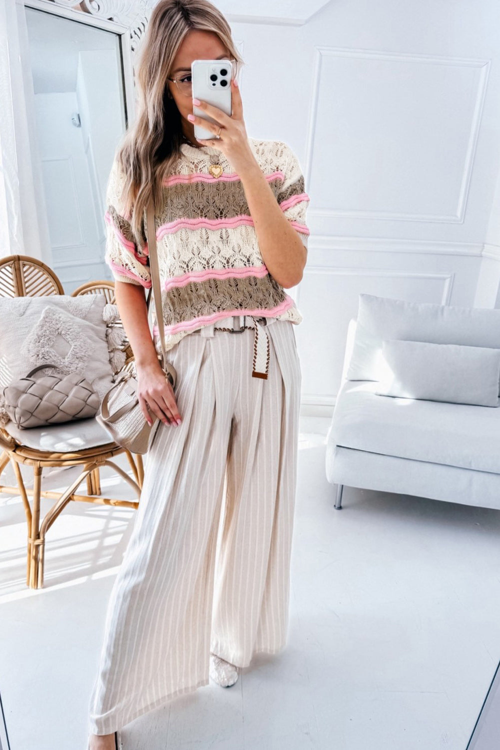 Brown Stripe Colour Block Hollow Out Crochet Half Sleeve Sweater eAura