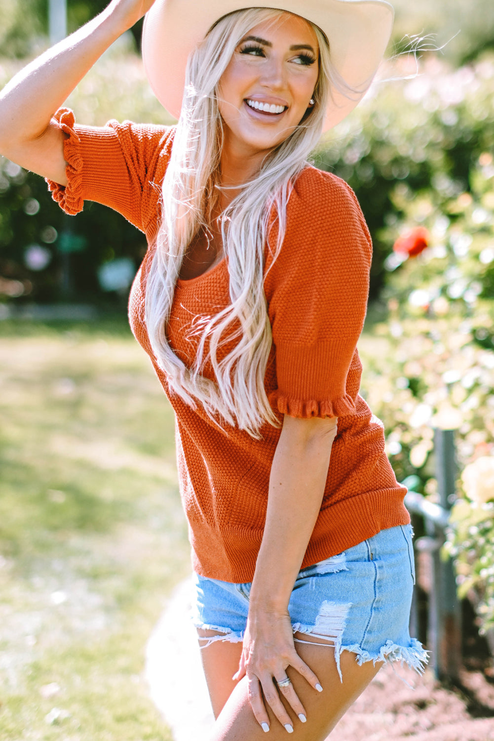 Gold Flame Textured Knit Bubble Sleeve Square Neck Top eAura
