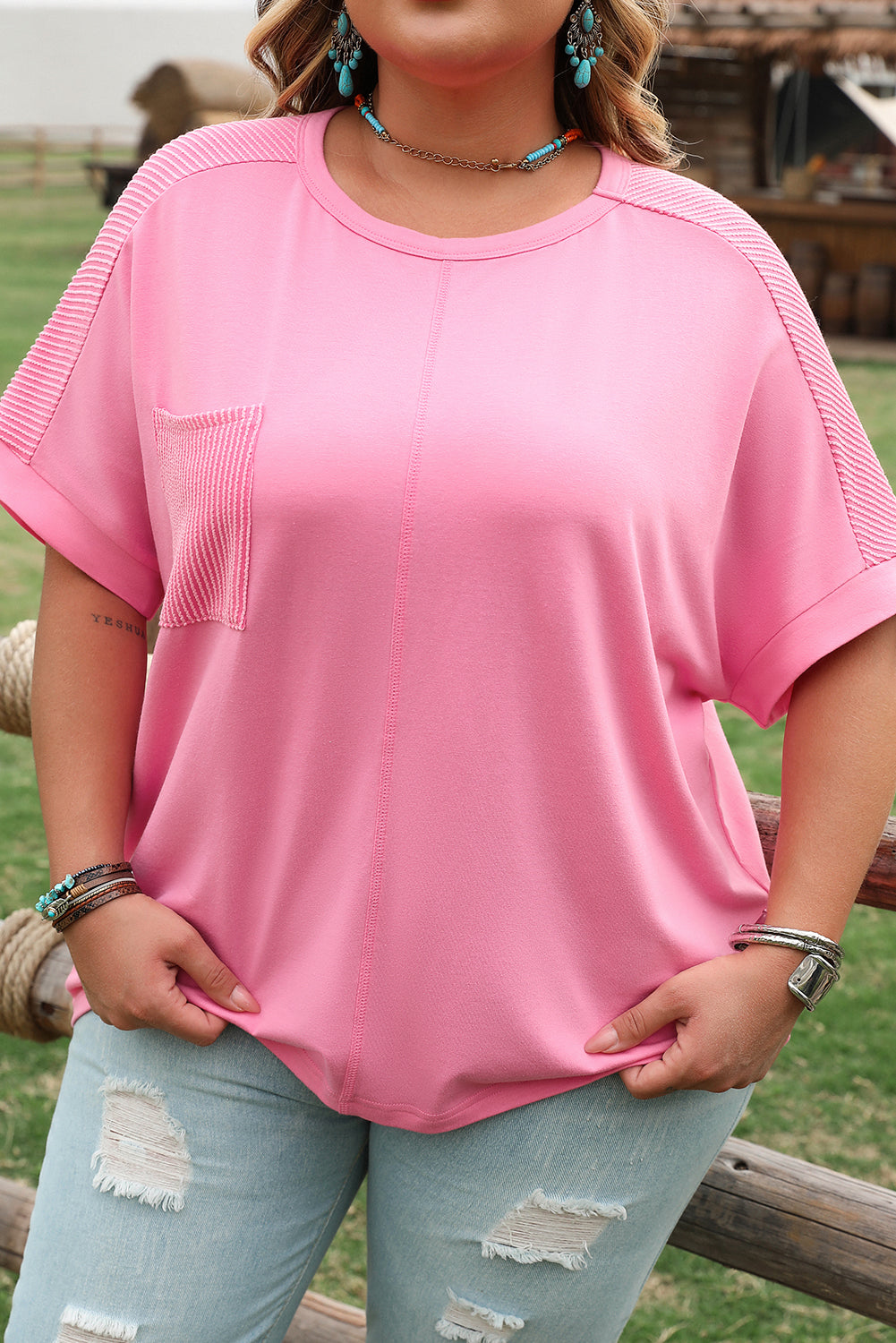 Bonbon Ribbed Patchwork Pocketed Plus Size T Shirt BB Fashion Outlet