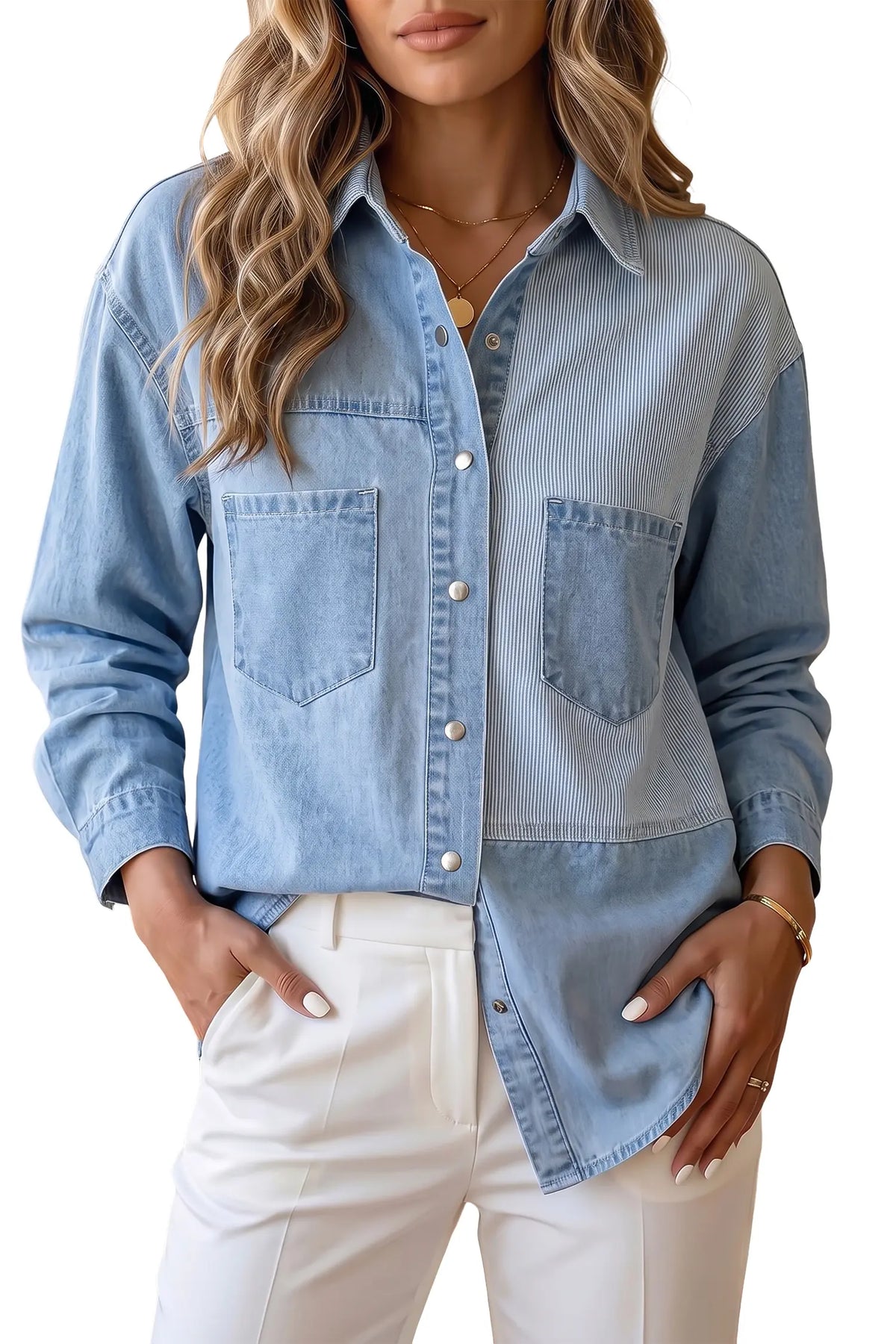 Lightweight Denim Striped Patchwork Button Down Shacket – Beau Blue